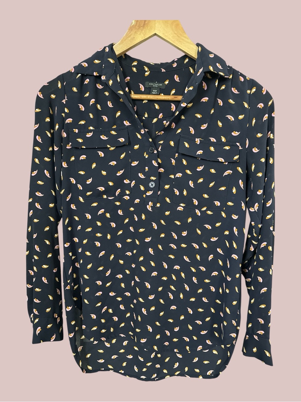 Ann Taylor Petite XXSP L/S Blouse Navy Blue Pink Mustard White Print Polyester